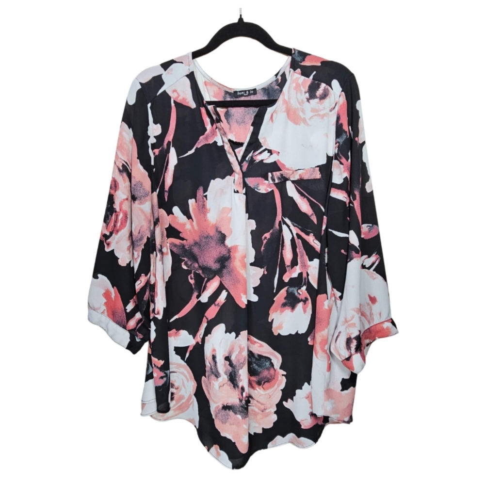 Sami & Jo Women's Plus SIZE 3X Romantic Floral Whimsy Blouse in Pink Black White
